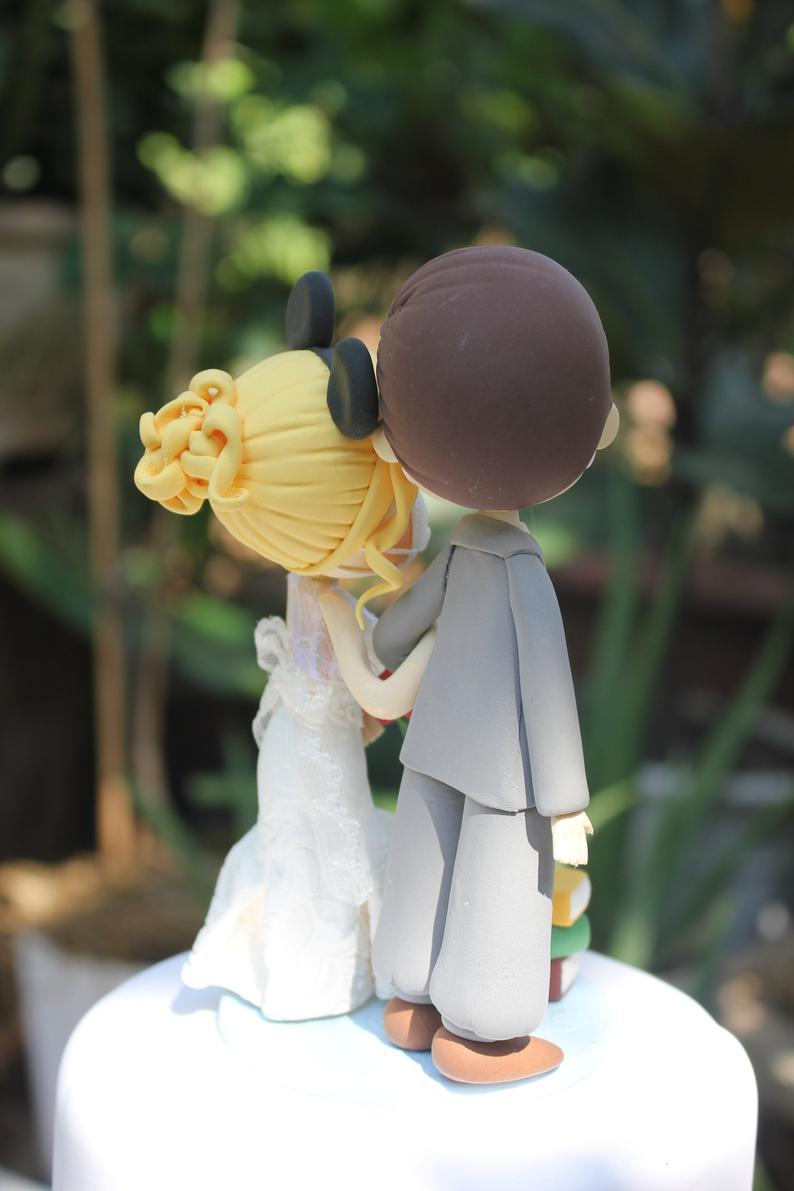 Bookworm and Mickey wedding cake topper Quarantine wedding topper bride and groom clay topper custom wedding keepsake