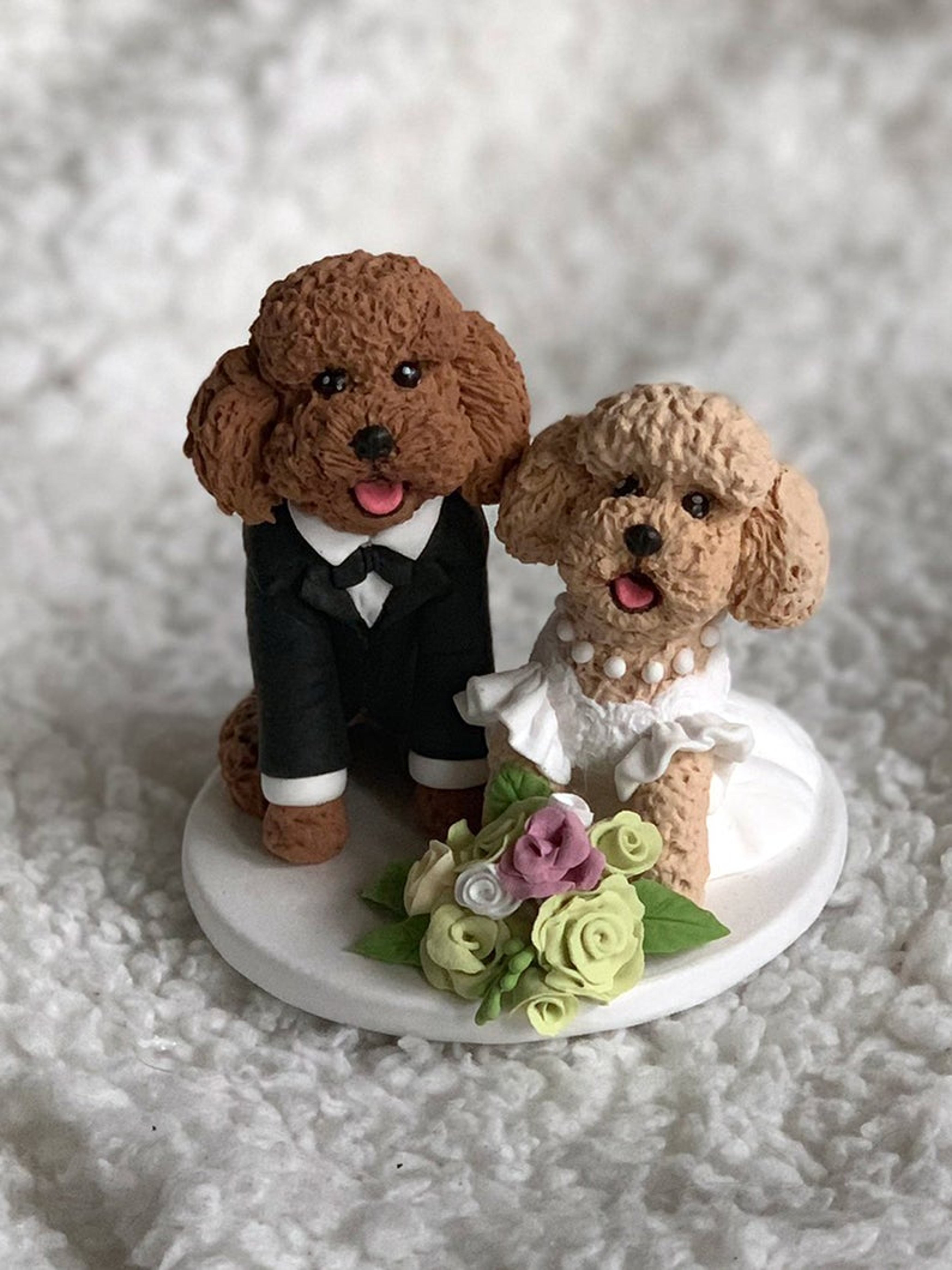 Picture of Poodle wedding cake topper, Pet wedding clay figurine realistic style