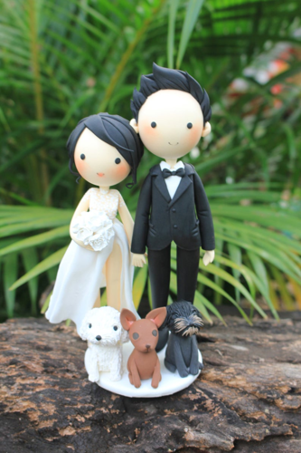 Picture of Wedding cake topper with pet, Sexy split wedding dress clay figurine