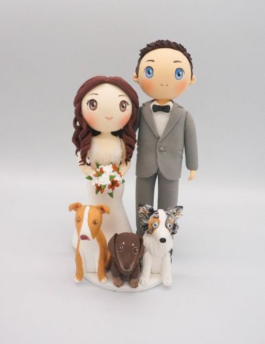 Picture of Elegant Bride & Groom Wedding Cake Topper, Custom Wedding Clay Doll with Adorable Dogs, Mother Day Gift for Dog Mama