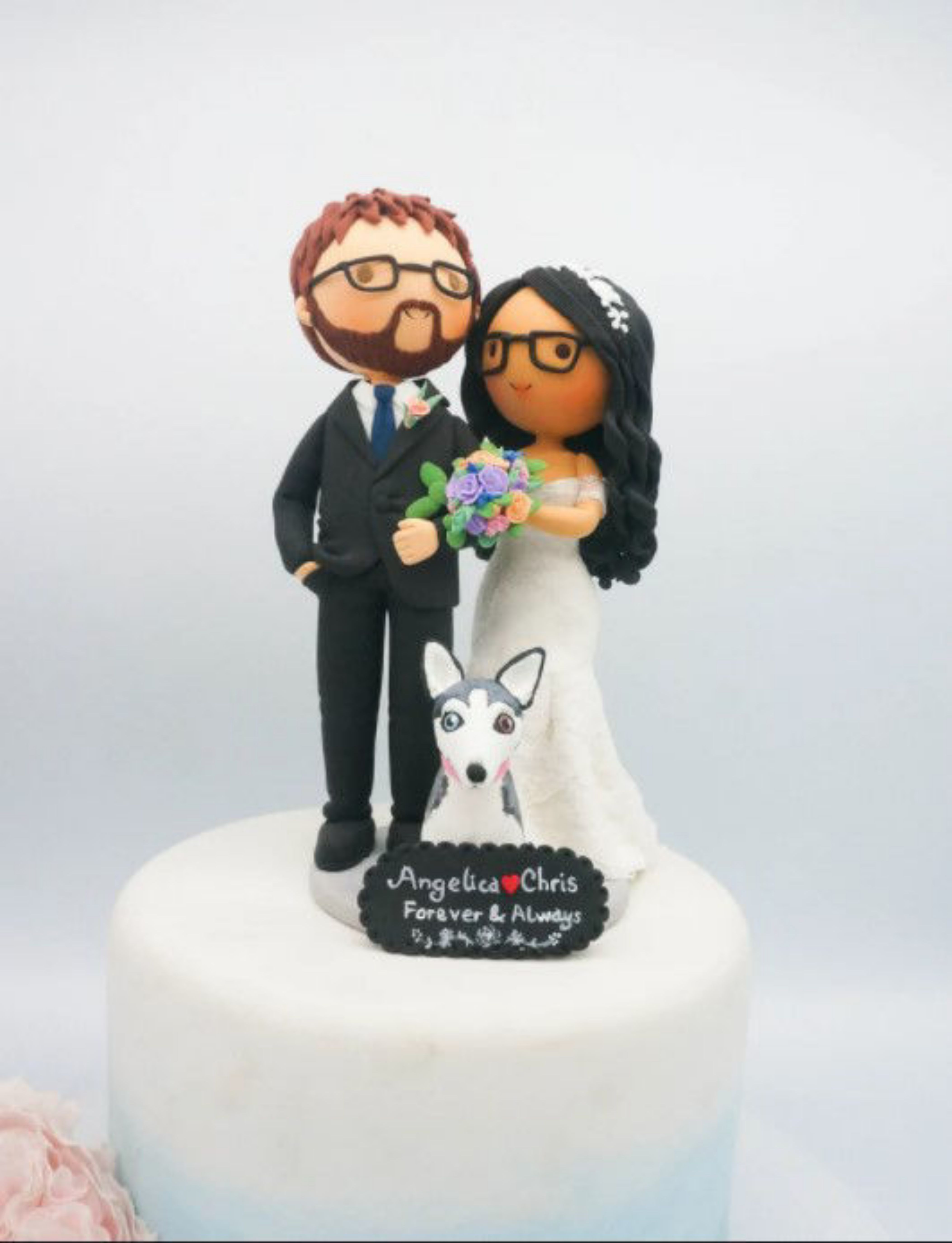 Picture of Forever & Always wedding cake topper, bride & groom with a husky topper, lilac wedding theme