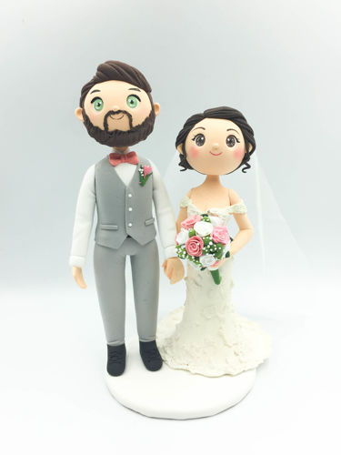 Picture of Mauve wedding cake topper, full beard groom and mermaid bride clay figurine.