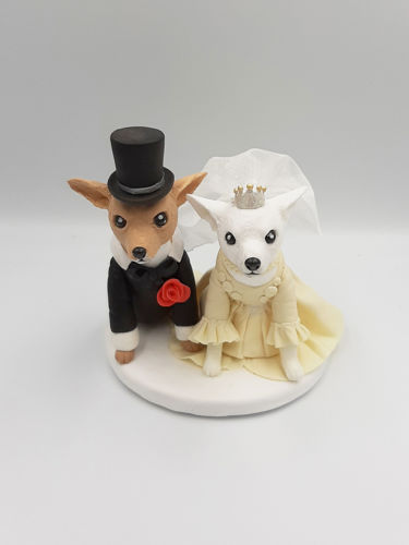 Picture of Chihuahua wedding cake topper, Bride and groom dog clay figurine