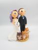 Picture of Custom bride & groom wedding cake topper with dog, Purple hair bride clay figurine