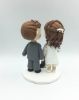 Picture of Custom Short dress Bride & Grey Suit Groom Wedding Cake topper With Dog, Dog wedding cake topper