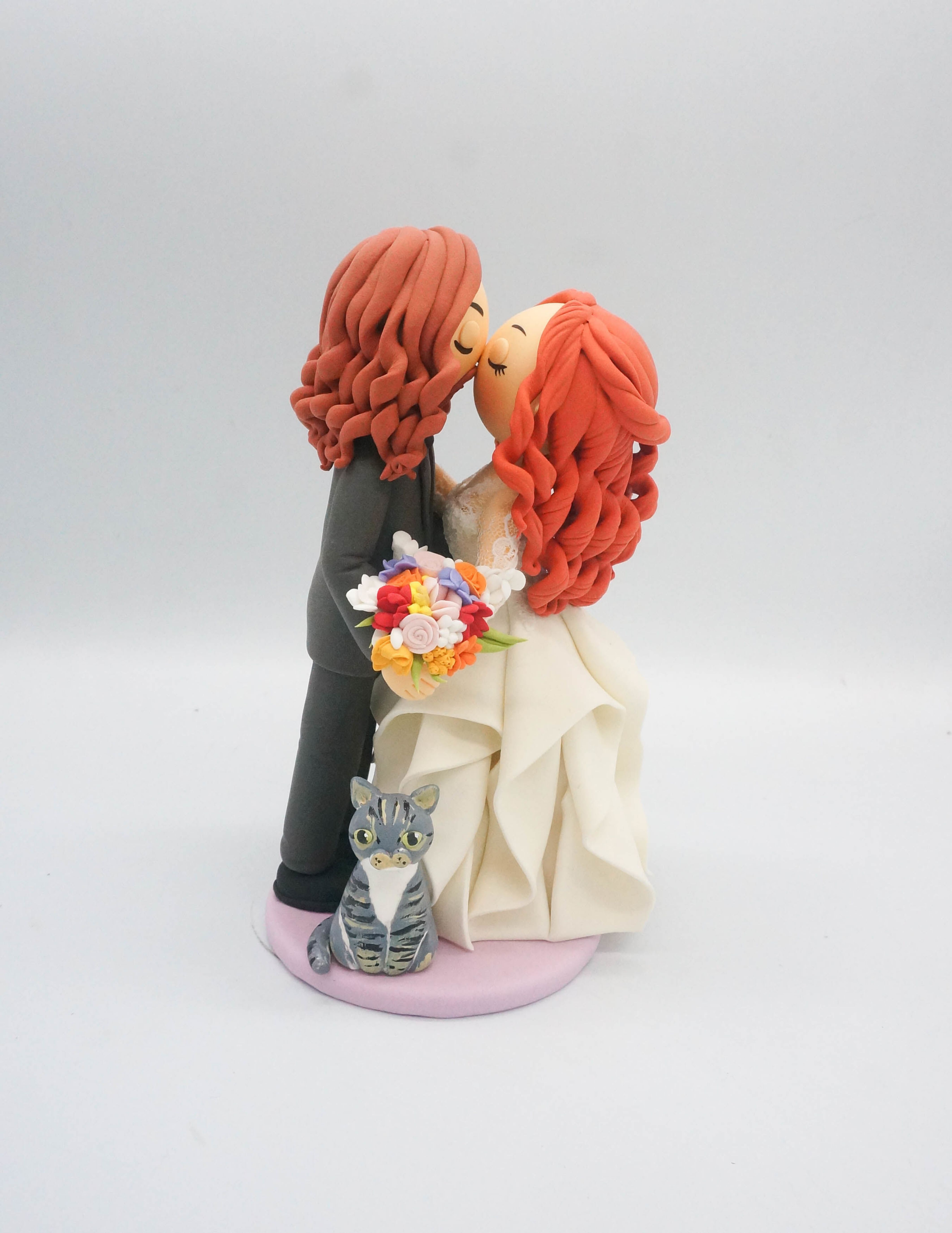 Picture of Long Hair Groom & Bride Wedding Cake Topper, Wedding cake topper with Cat, Kissing Bride and Groom Cake Figurine