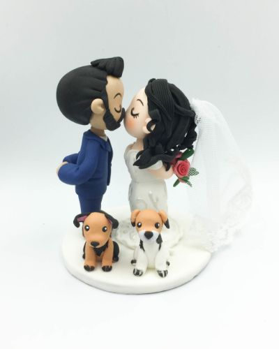 Picture of Wedding cake topper bride & groom with dogs, Kissing Mr & Mrs cake topper