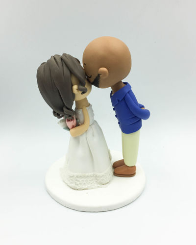 Picture of Mixed Race Wedding Cake Topper, Bald groom & wavy hair bride wedding topper.