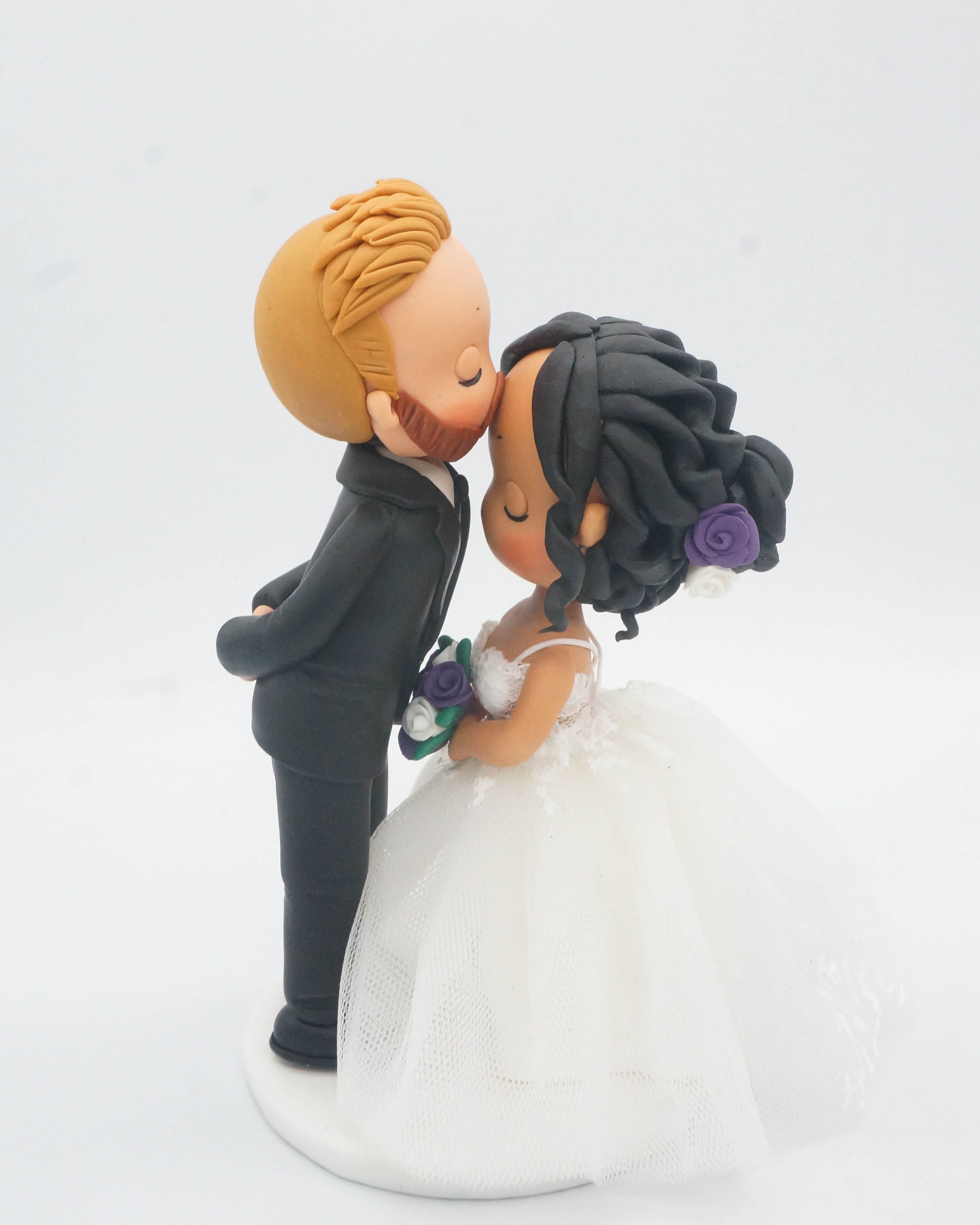 Picture of Interracial bride groom wedding cake topper, Forehead kissing couple topper