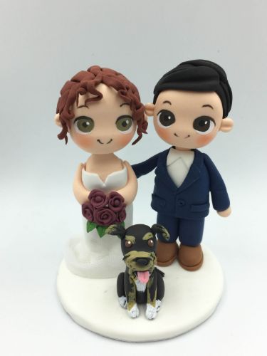 Picture of Burgundy Wedding Cake Topper, Bride & Groom with dog topper