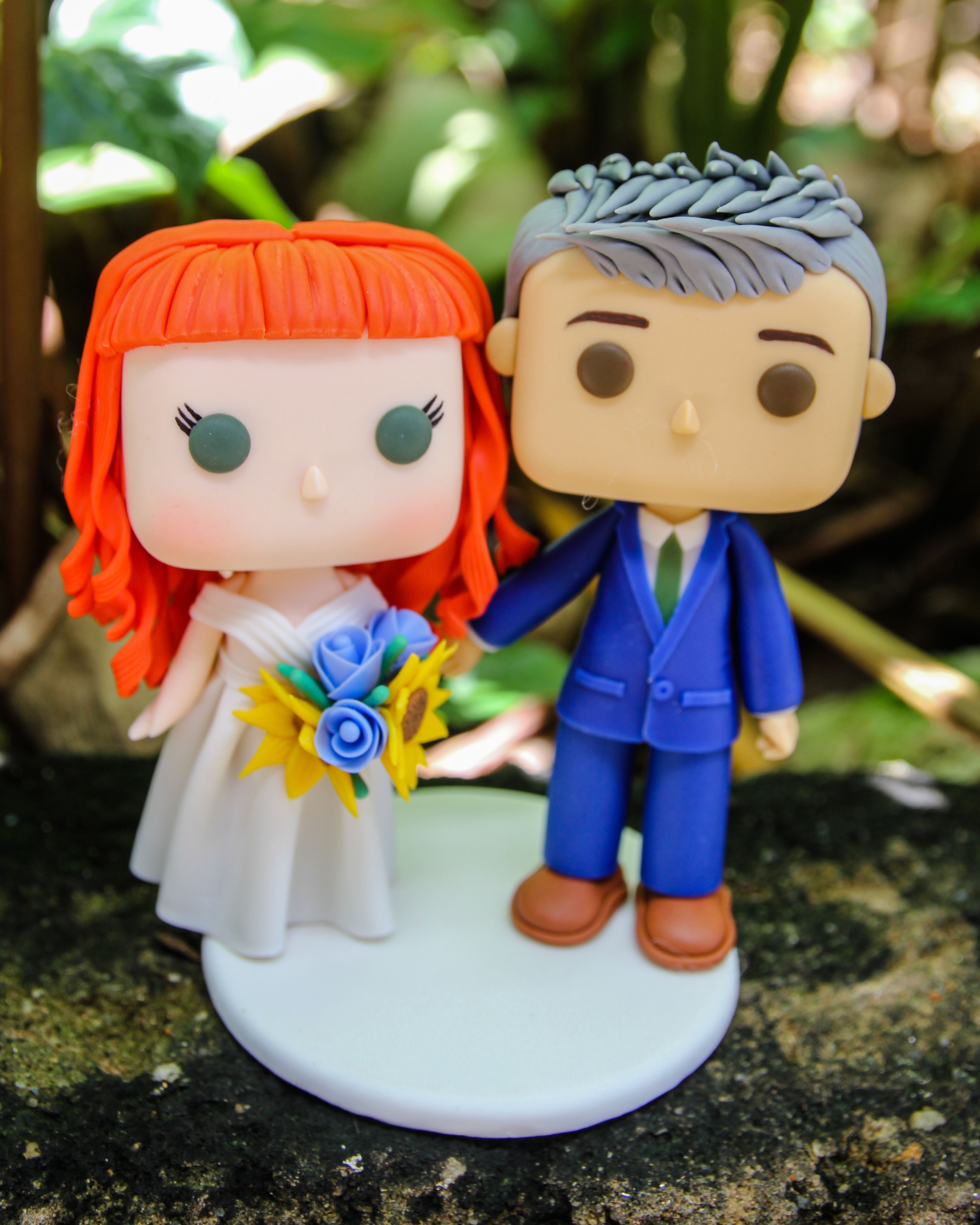 Picture of Custom Funko Pop Wedding Cake Topper, Gray-Haired Groom and Orange-Haired Bride Wedding Cake Topper