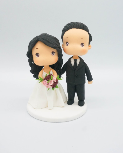 Picture of Rustic wedding cake topper, Custom bride & groom clay figurine, Pink and Purple wedding theme