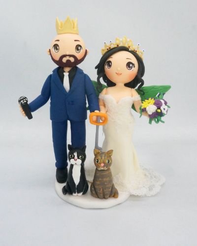 Picture of Kingdom Hearts inspired wedding cake topper, Custom Game Commission, Bride & Groom with cats topper