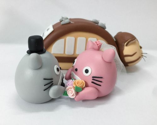 Picture of Totoro Couple Wedding Cake Topper with the Catbus, Studio Ghibli Wedding Cake Topper