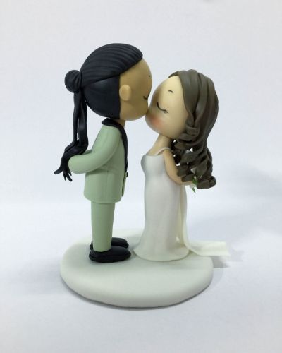 Picture of Man Bun Groom & Wavy Hair Bride Wedding Cake Topper, Kissing Bride & Groom Cake Topper, Sage Green Theme