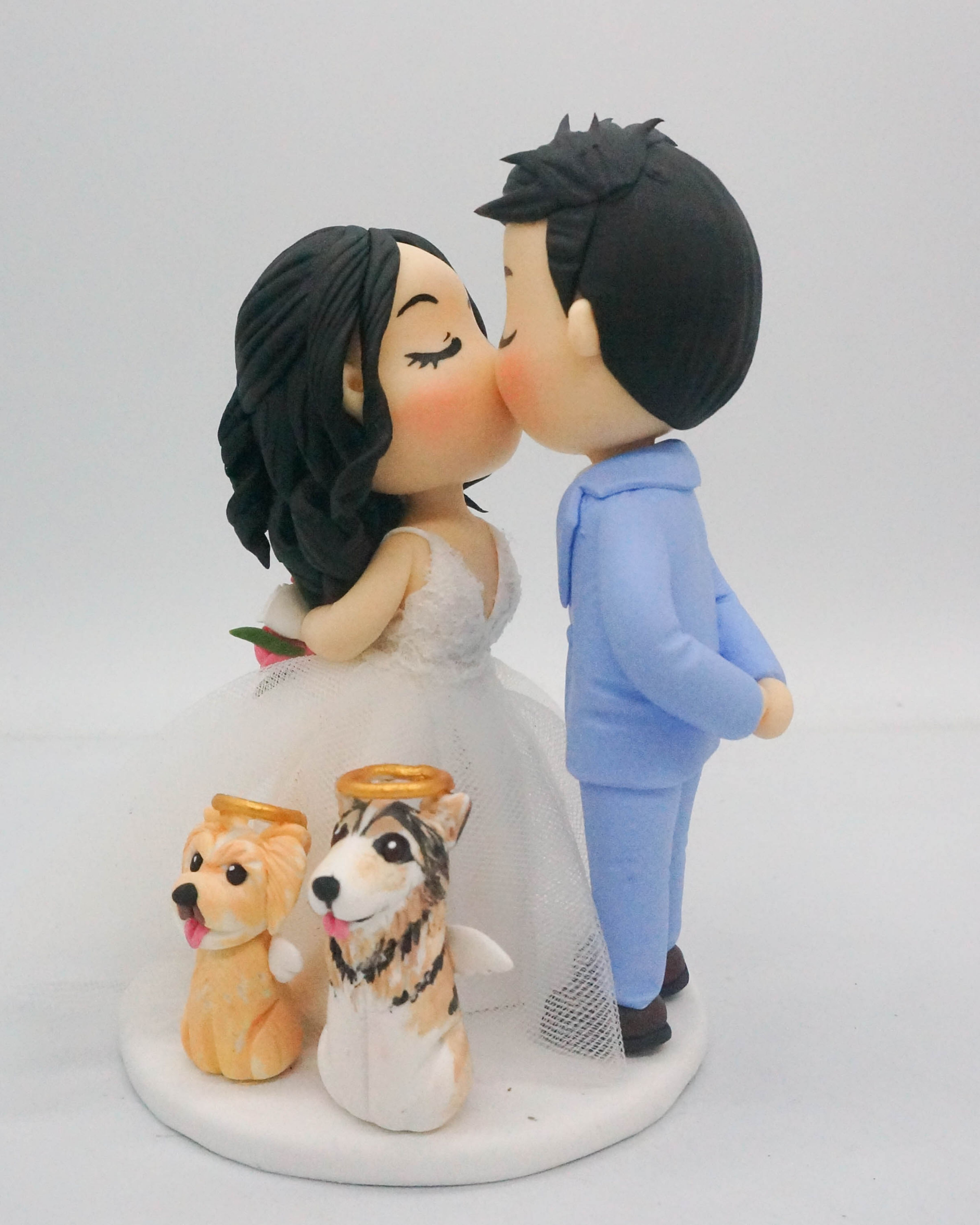 Picture of Mini Wedding Cake Topper with Dogs, Kissing Mr. & Mrs. Clay Figurine