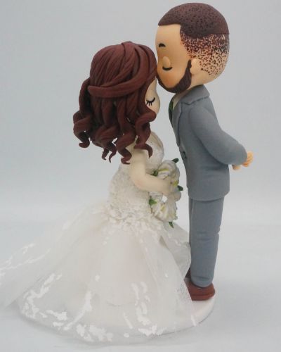 Picture of Forehead Kissing Wedding Cake Topper, Buzz Cut Hairstyle Groom and Half- Do hairstyle Bride topper