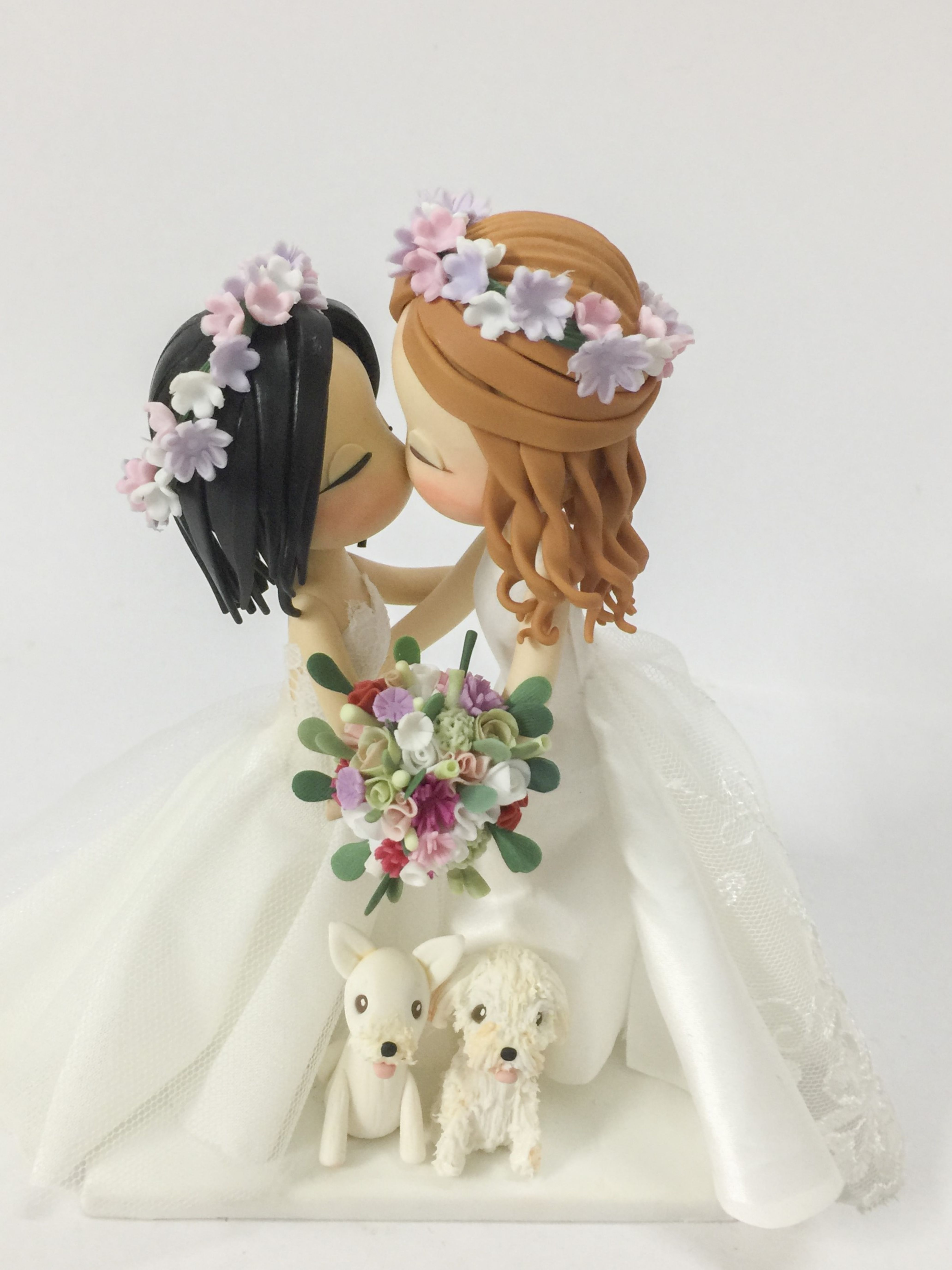 Picture of Kissing Bride & Bride Wedding Cake Topper, Lesbian Wedding Cake Topper with Dogs