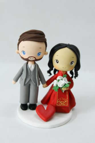 Picture of Chinese Bride & American Groom Wedding Cake Topper,  Mini Interracial Couple Clay Figurine