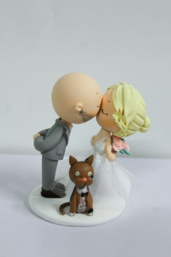 Picture of Stubble Beard Bald Groom & Updo Blonde Hair Bride Wedding  Cake Topper, Kissing Bride & Groom with a Cat Figurine