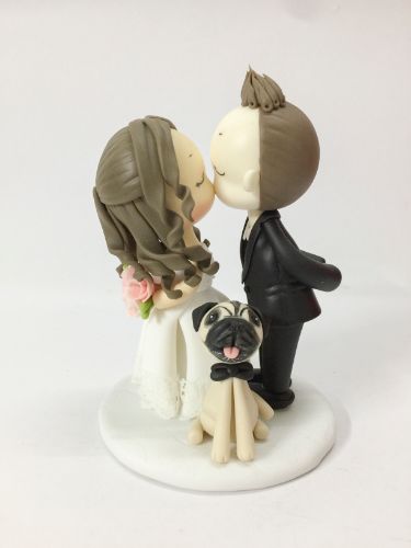 Picture of Kissing wedding couple with a dog, Bride & Groom with dog wedding cake topper, Wedding gift for dog mama, Pug Mama Gift