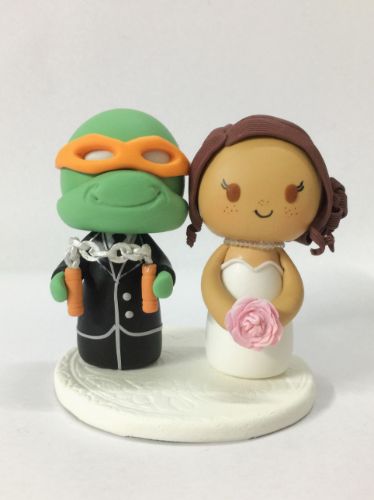 Picture of Mini Ninja Turtle Wedding Cake Topper, Mike Groom Clay Figurine 