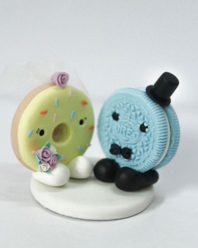 Picture of Donut Bride & Oreo Groom Wedding Cake Topper, Baker Wedding Cake Topper, Pink & Blue wedding theme