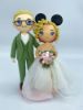 Picture of Slicked back hairstyle Mustache Groom  & Curly Bun Bride with Pink Highlight, Off-Shoulder Lace Bridal Dress Wedding Cake Topper