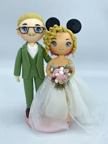 Picture of Slicked back hairstyle Mustache Groom  & Curly Bun Bride with Pink Highlight, Off-Shoulder Lace Bridal Dress Wedding Cake Topper