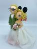 Picture of Slicked back hairstyle Mustache Groom  & Curly Bun Bride with Pink Highlight, Off-Shoulder Lace Bridal Dress Wedding Cake Topper