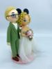 Picture of Slicked back hairstyle Mustache Groom  & Curly Bun Bride with Pink Highlight, Off-Shoulder Lace Bridal Dress Wedding Cake Topper