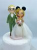 Picture of Slicked back hairstyle Mustache Groom  & Curly Bun Bride with Pink Highlight, Off-Shoulder Lace Bridal Dress Wedding Cake Topper
