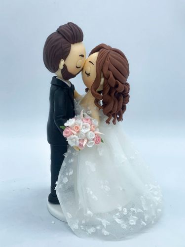 Picture of Pastel Themed Wedding Cake Topper, Sweet Kiss Wedding Cake Topper, Fairytale 3D Floral Lace Wedding Dress