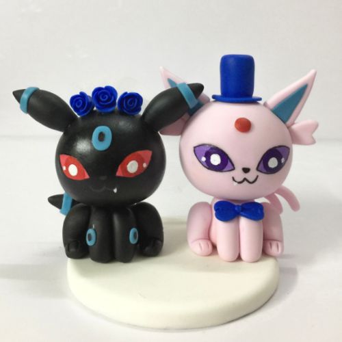 Picture of Shiny Umbreon & Espeon Wedding Cake Topper, Handmade Pokemon Clay Figurine,  Gamers Engagement Party Decor