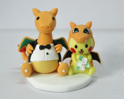 Picture of Pikachu & Charizard Wedding Cake Topper, Pokemon Bride & Groom Keepsake, Unique Game Room Decor