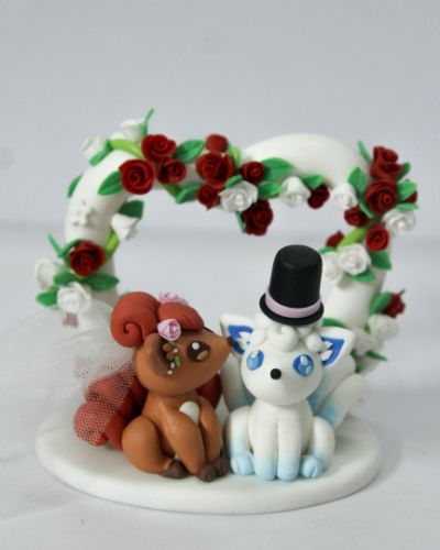Picture of Vulpix & Alolan Vulpix Wedding Cake Topper with Heart Arch, Kissing Vulpix Couple Figurine, Pokemon Party Decor