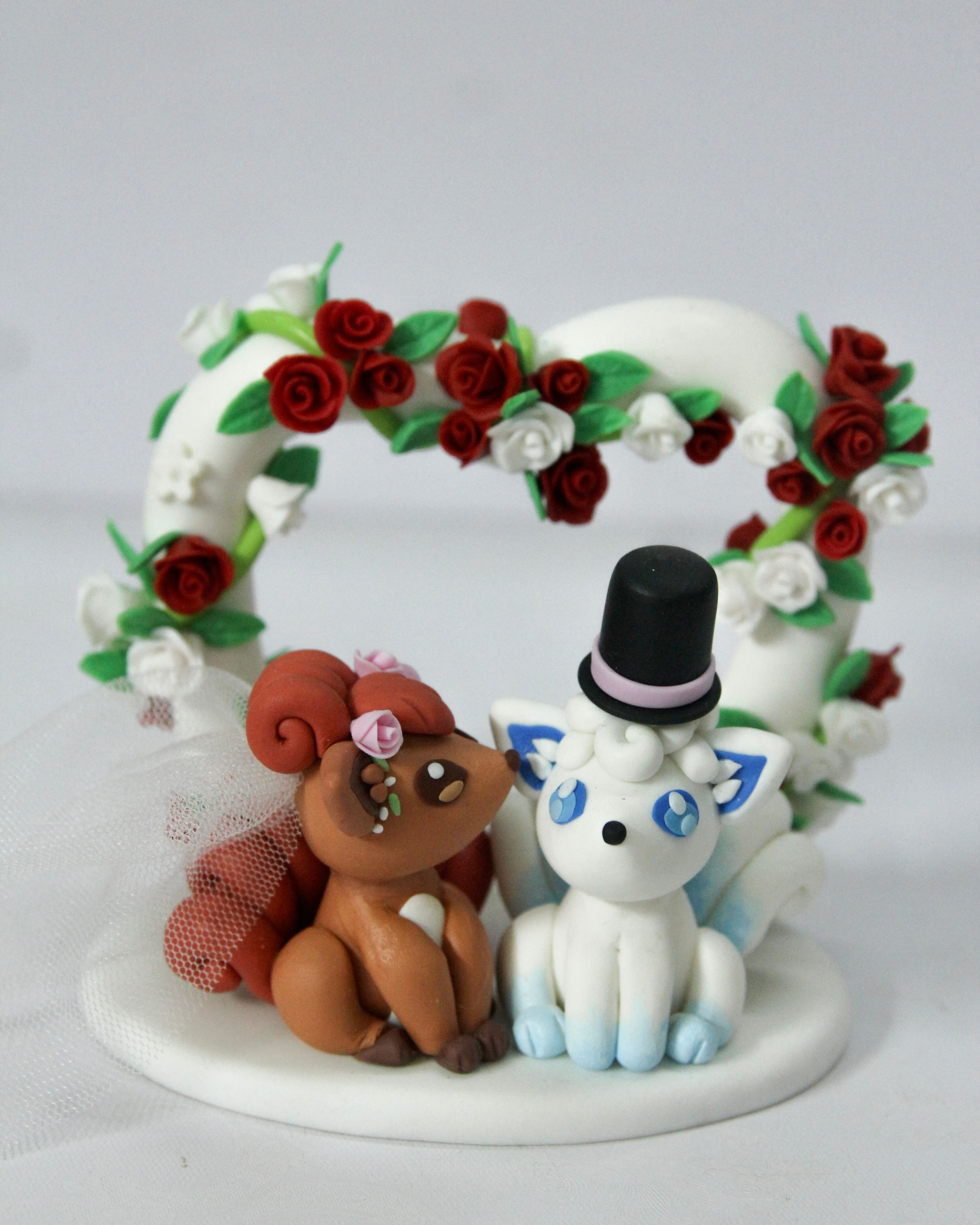 Picture of Vulpix & Alolan Vulpix Wedding Cake Topper with Heart Arch, Kissing Vulpix Couple Figurine, Pokemon Party Decor