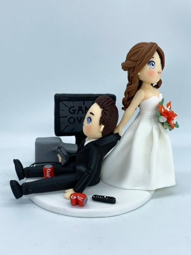 Picture of Game Over Wedding Cake Topper, Bride Dragging Groom Wedding Figurine, Anniversary Gifts for Gamers, Birthday Gift for Gaming Addicts