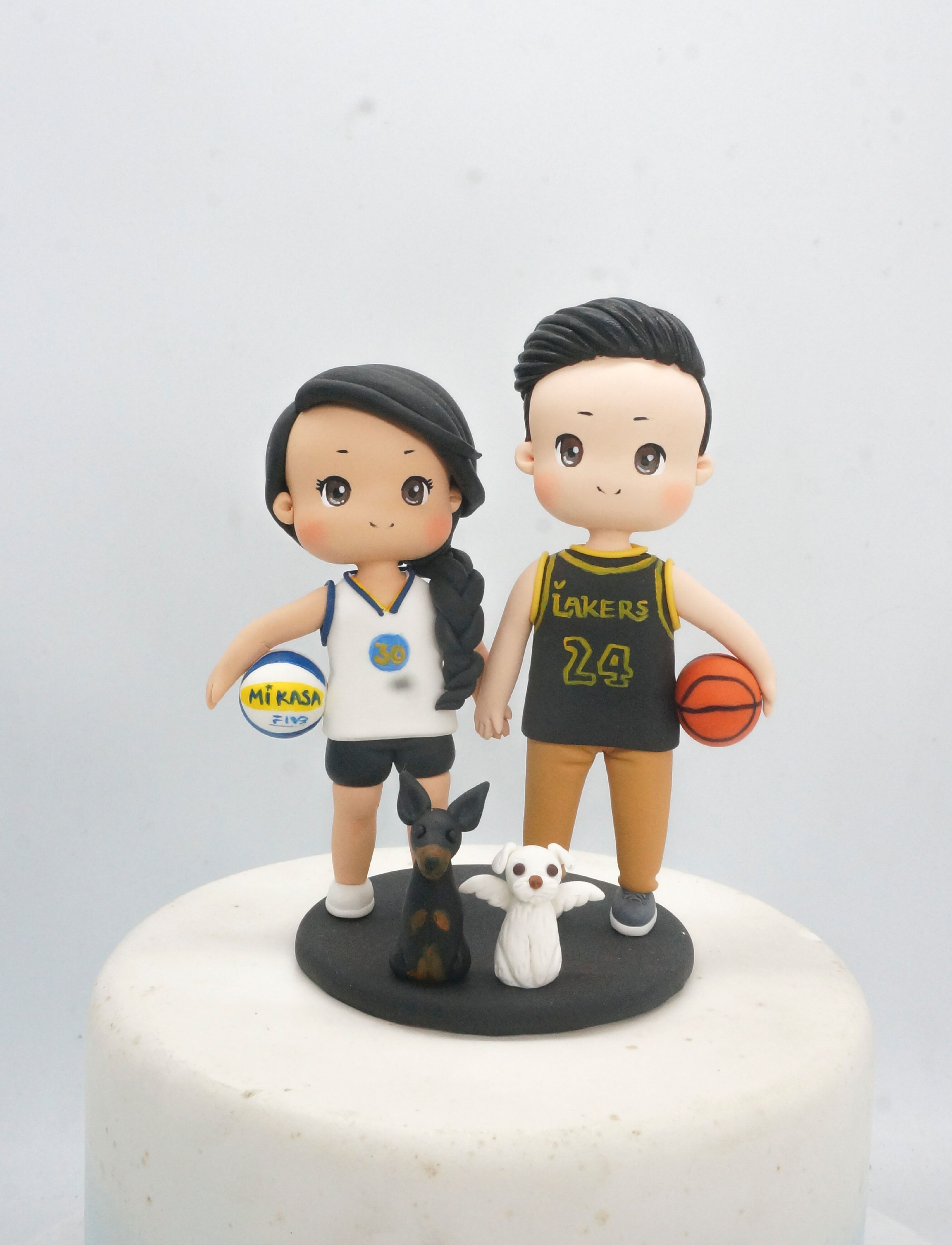 Picture of Volleyball Bride & Basketball Groom Wedding Cake Topper with 2 pets, Memorial dog figurine